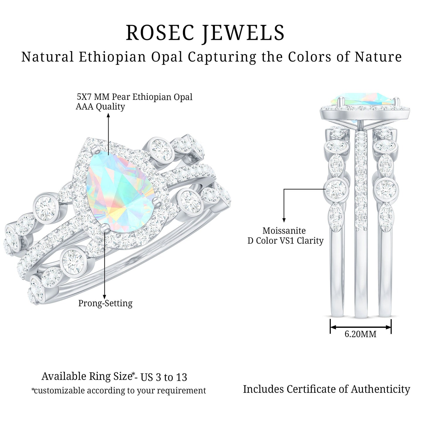 0.7 Carat Genuine Vintage Style Opalescent Teardrop Engagement Wedding Ring Set of 3