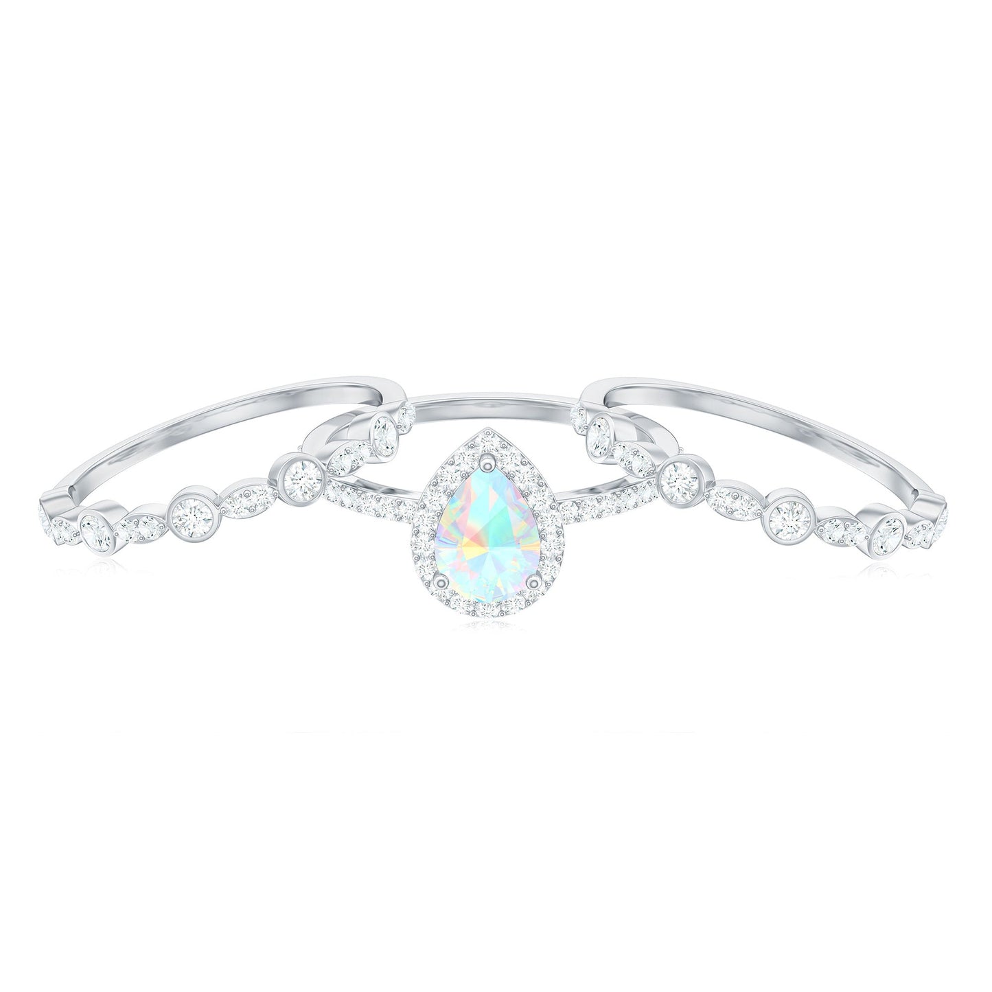 0.7 Carat Genuine Vintage Style Opalescent Teardrop Engagement Wedding Ring Set of 3