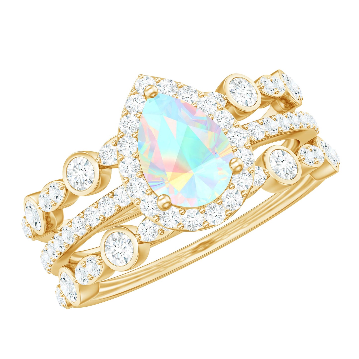 0.7 Carat Genuine Vintage Style Opalescent Teardrop Engagement Wedding Ring Set of 3