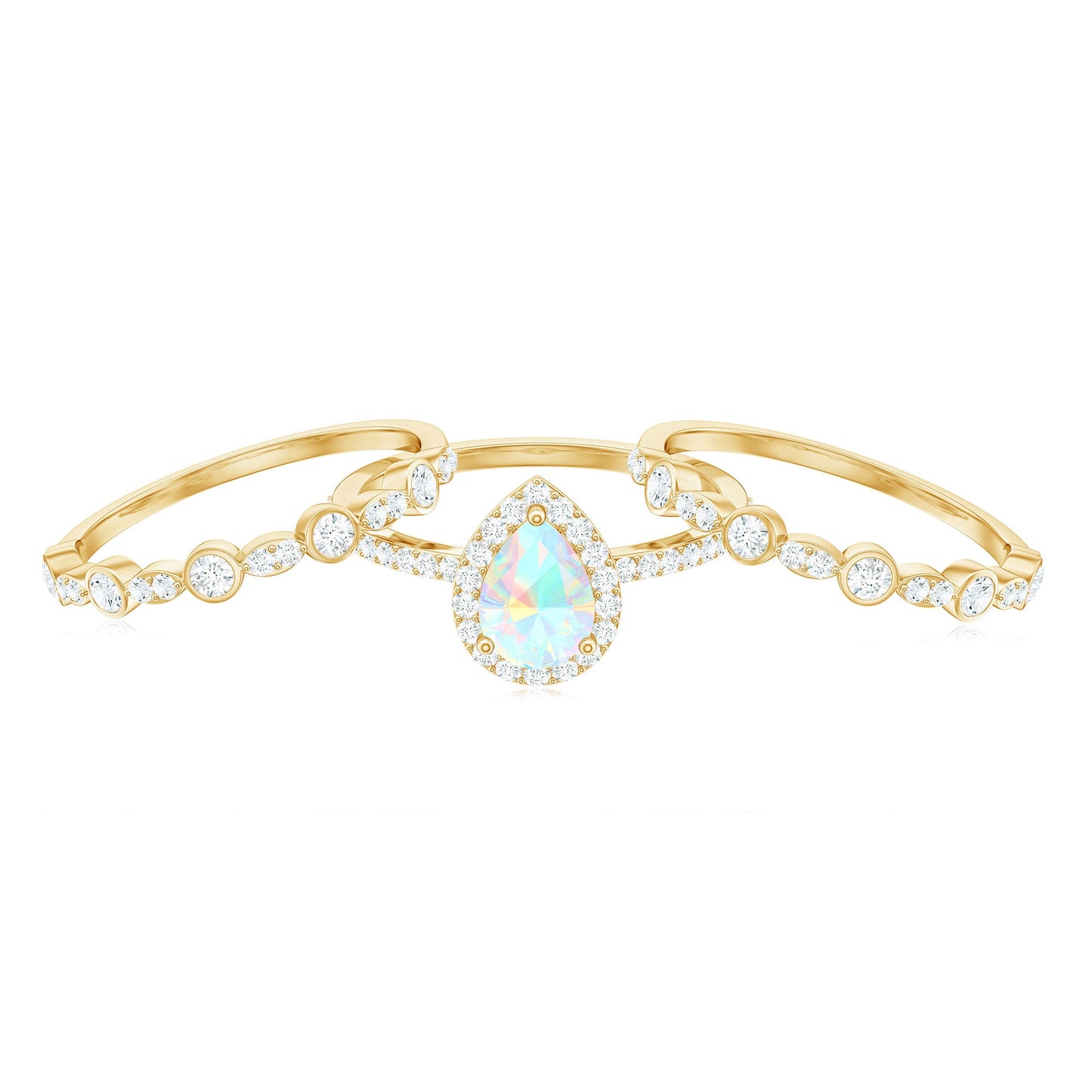 0.7 Carat Genuine Vintage Style Opalescent Teardrop Engagement Wedding Ring Set of 3