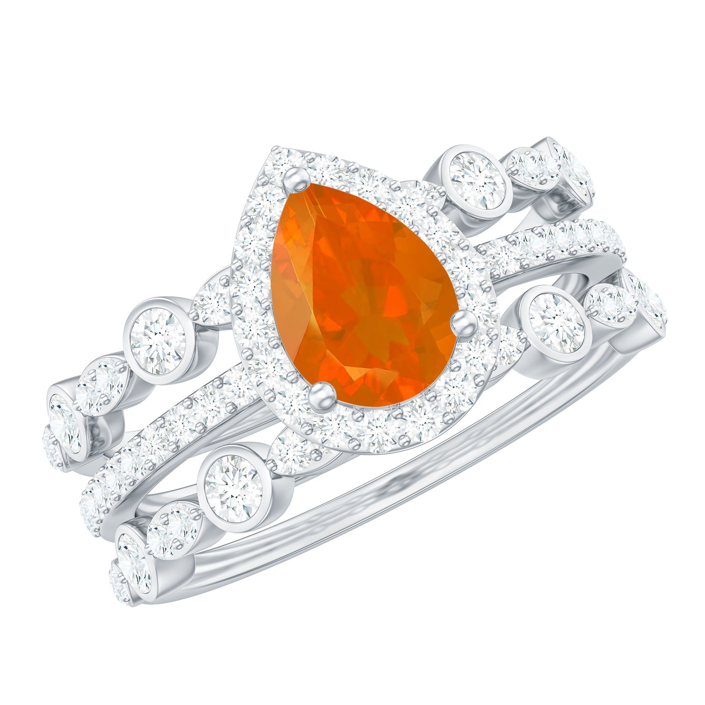 Pear Cut Fire Opal Bridal Trio Ring Set with Moissanite Band