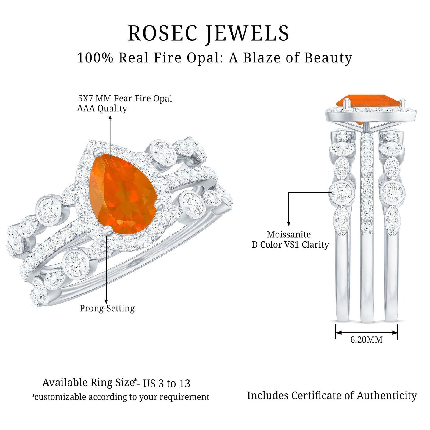 Pear Cut Fire Opal Bridal Trio Ring Set with Moissanite Band