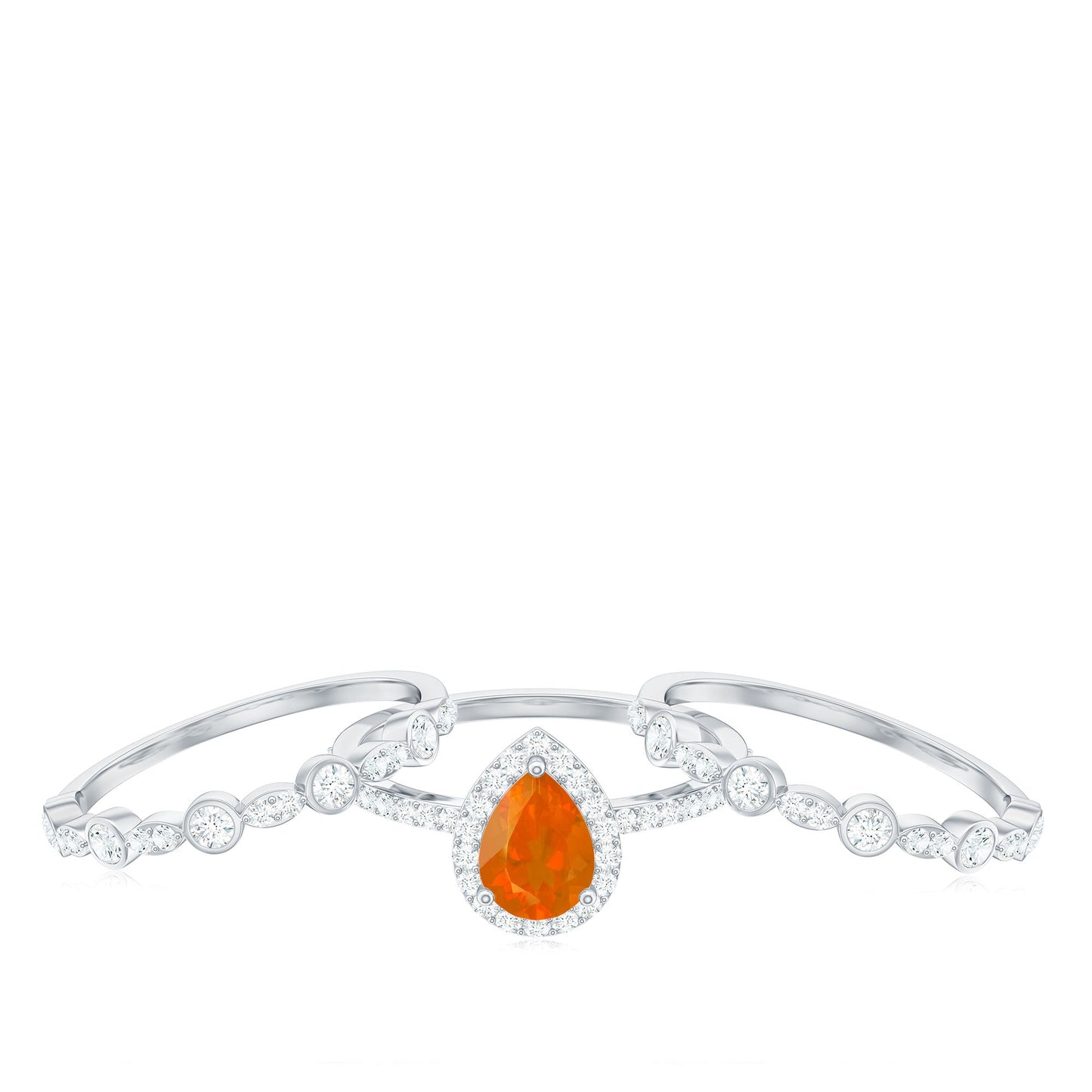 Pear Cut Fire Opal Bridal Trio Ring Set with Moissanite Band