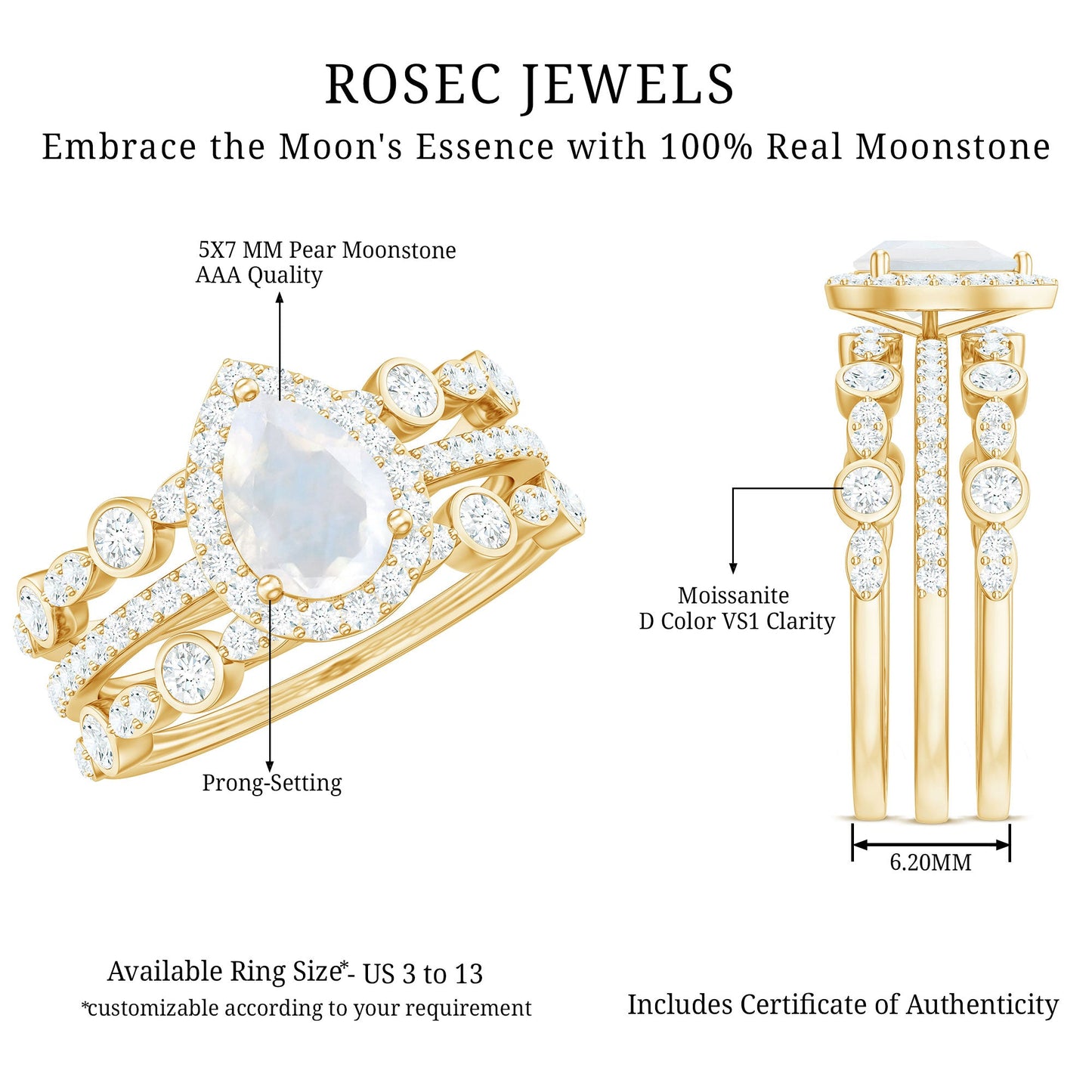Pear Cut Moonstone Bridal Trio Ring Set with Moissanite Band