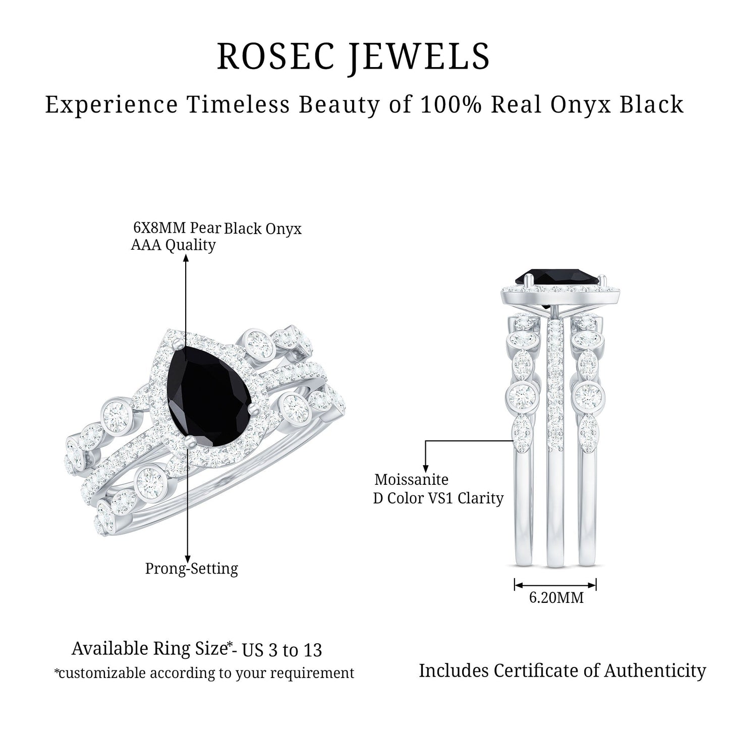 1 Carat Pear Cut Black Onyx Statement Ring Set with Moissanite Bands