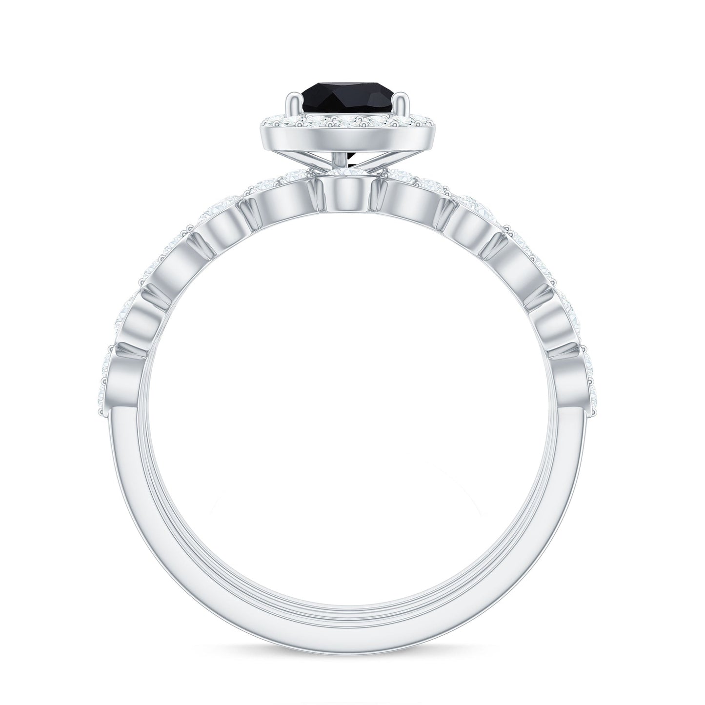 1 Carat Pear Cut Black Onyx Statement Ring Set with Moissanite Bands