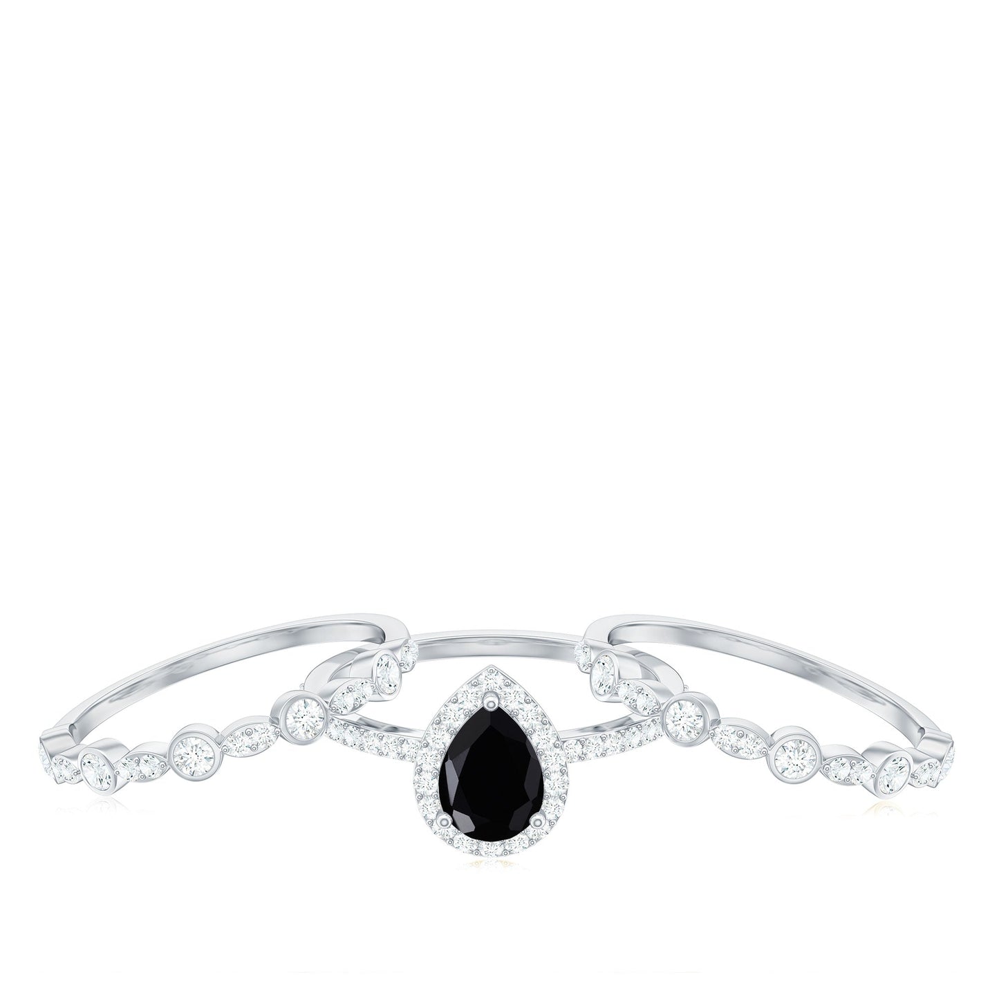 1 Carat Pear Cut Black Onyx Statement Ring Set with Moissanite Bands