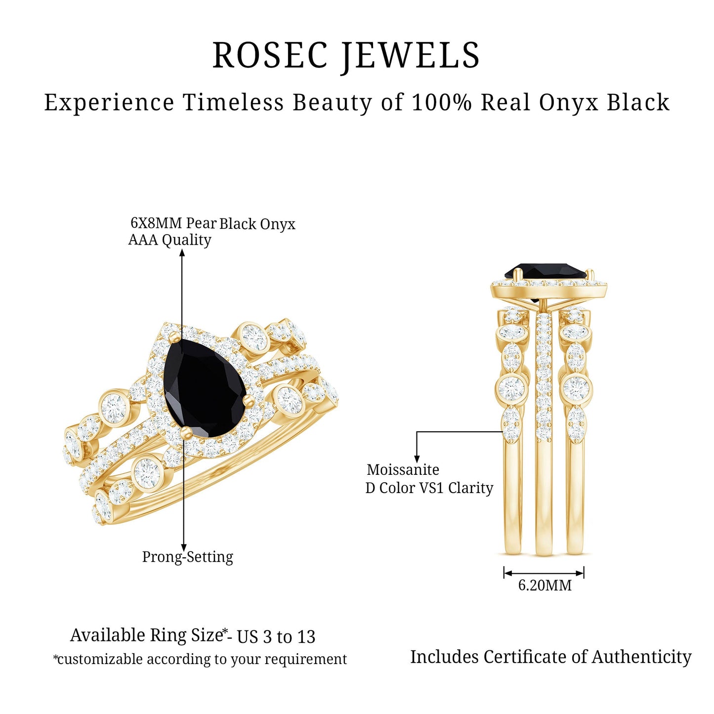 1 Carat Pear Cut Black Onyx Statement Ring Set with Moissanite Bands