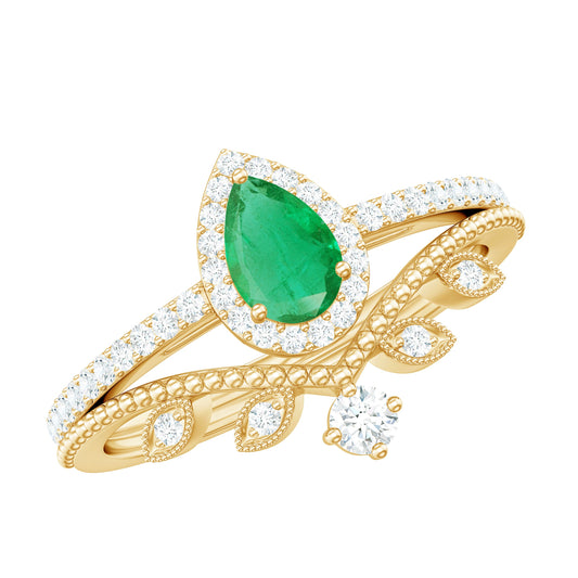 Vintage Looking Emerald Diamond Designer Engagement Wedding Ring Set
