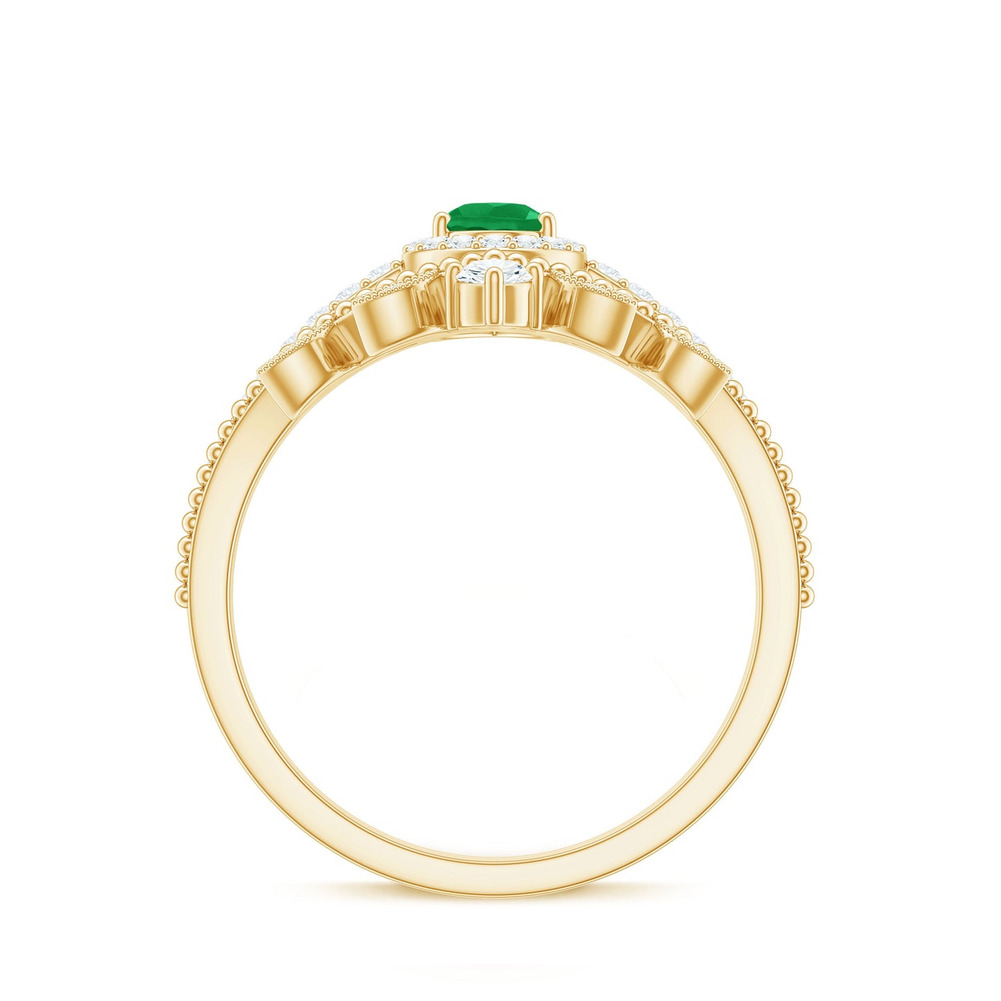 Vintage Looking Emerald Diamond Designer Engagement Wedding Ring Set