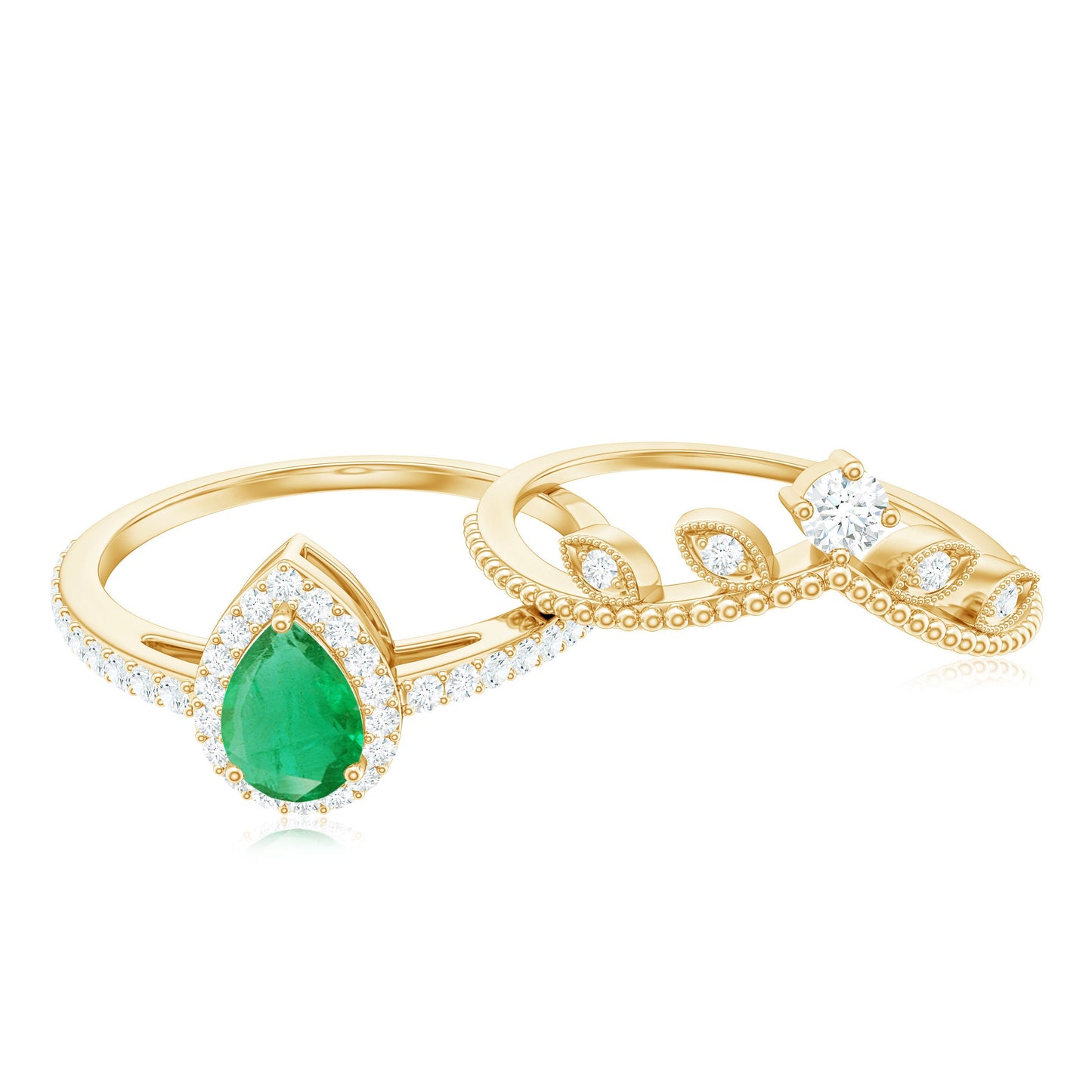 Vintage Looking Emerald Diamond Designer Engagement Wedding Ring Set