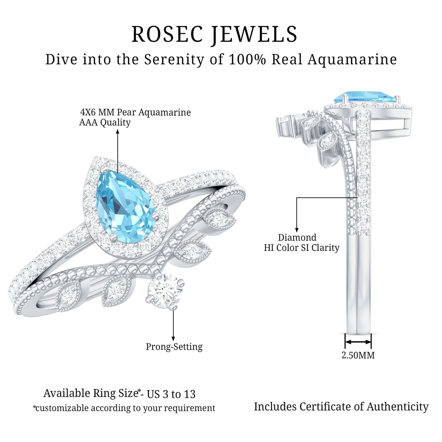 Vintage Looking Aquamarine and Diamond Teardrop Wedding Ring Set for Women