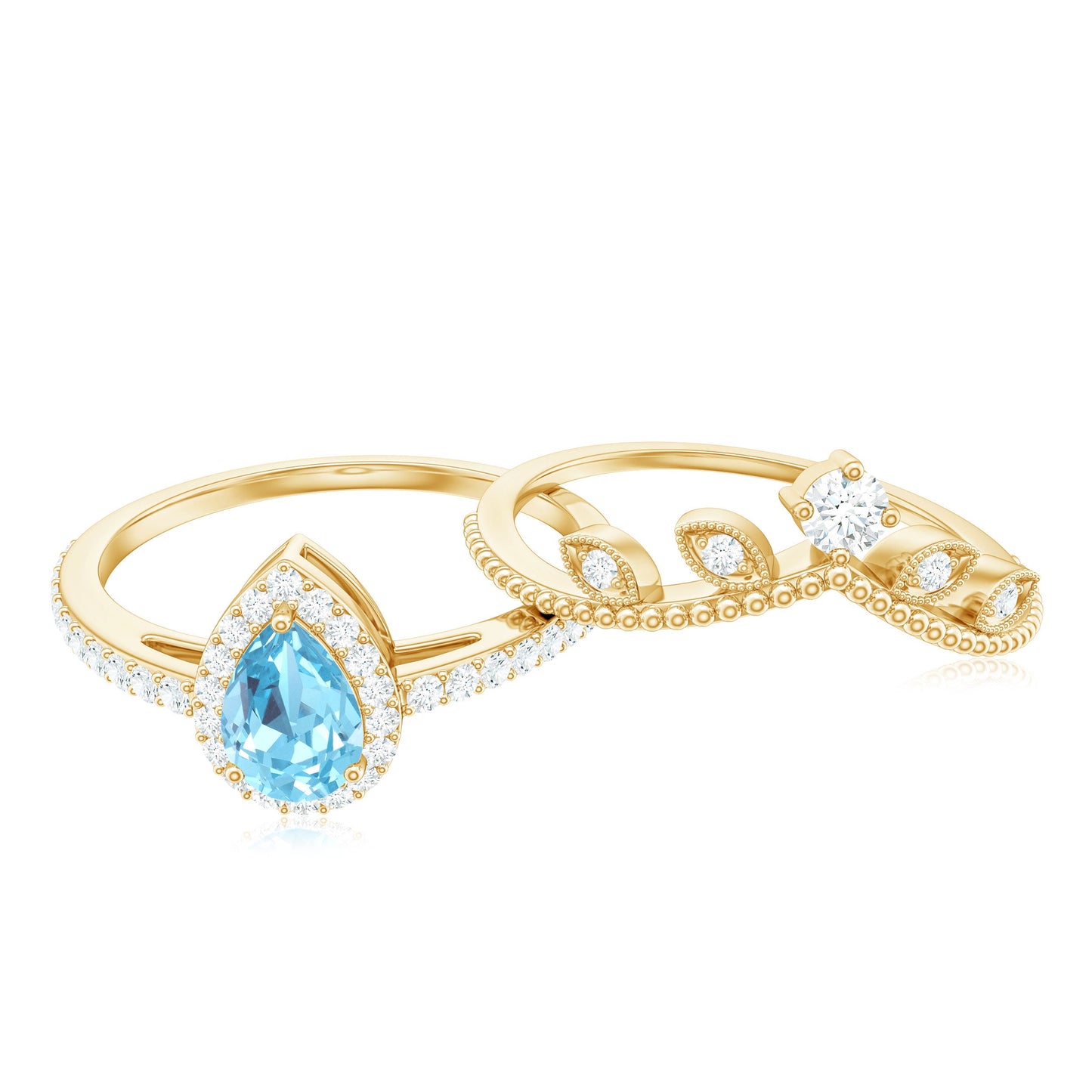 Vintage Looking Aquamarine and Diamond Teardrop Wedding Ring Set for Women