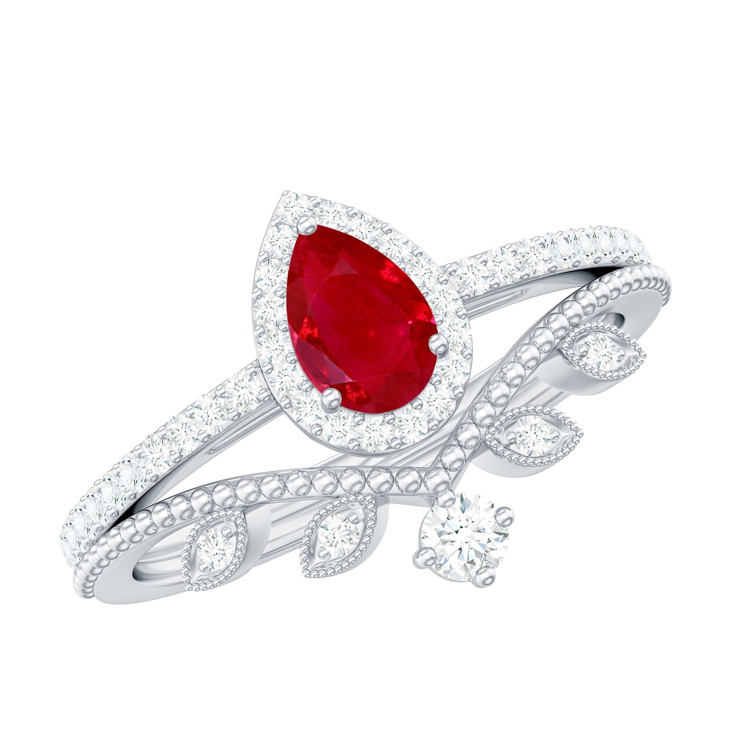 Vintage Looking Pear Shape Ruby Diamond Engagement Ring with Enhancer