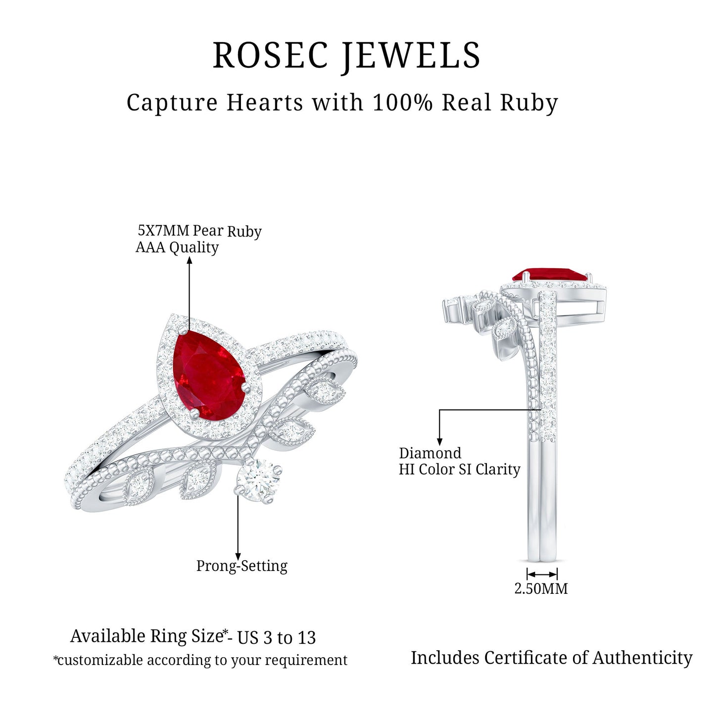 Vintage Looking Pear Shape Ruby Diamond Engagement Ring with Enhancer