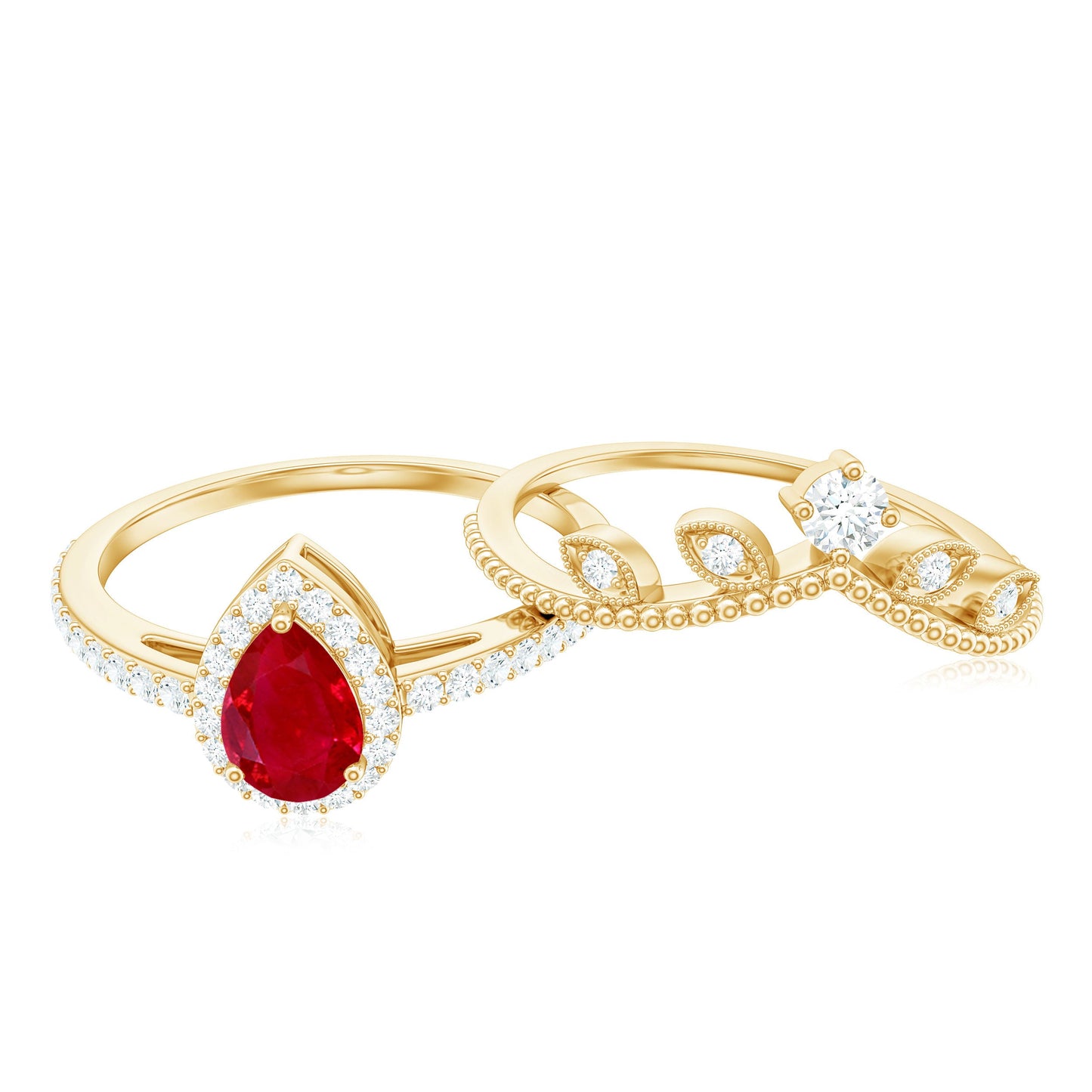 Vintage Looking Pear Shape Ruby Diamond Engagement Ring with Enhancer