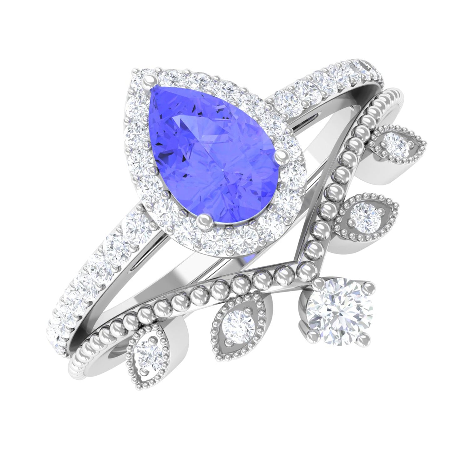 0.8 Carat Vintage Looking Tanzanite Diamond Wedding Bridal Ring Set of 2