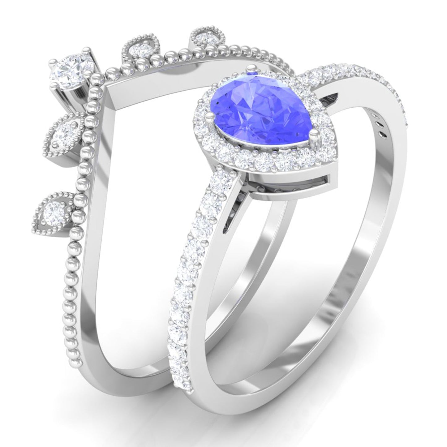 0.8 Carat Vintage Looking Tanzanite Diamond Wedding Bridal Ring Set of 2
