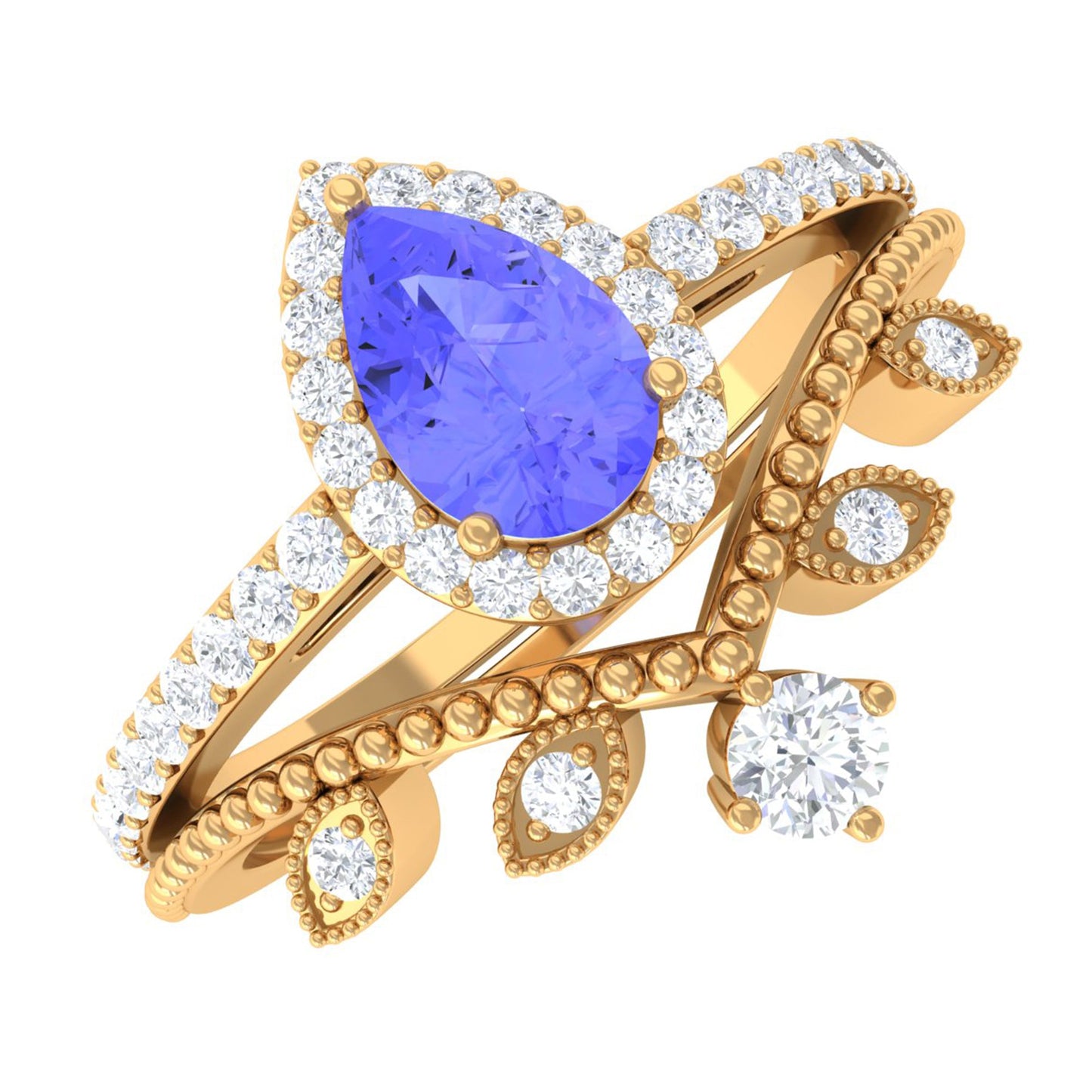 0.8 Carat Vintage Looking Tanzanite Diamond Wedding Bridal Ring Set of 2