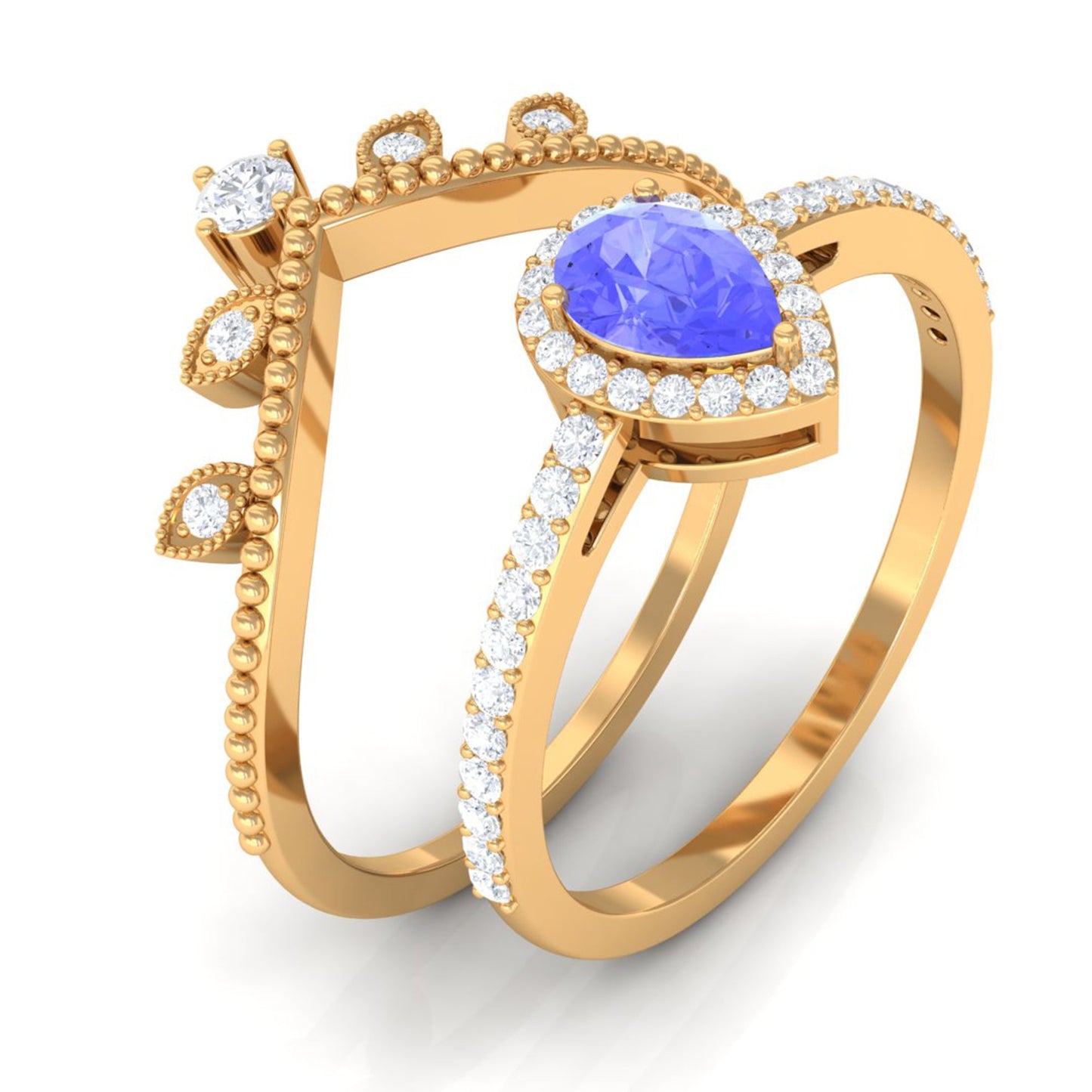 0.8 Carat Vintage Looking Tanzanite Diamond Wedding Bridal Ring Set of 2