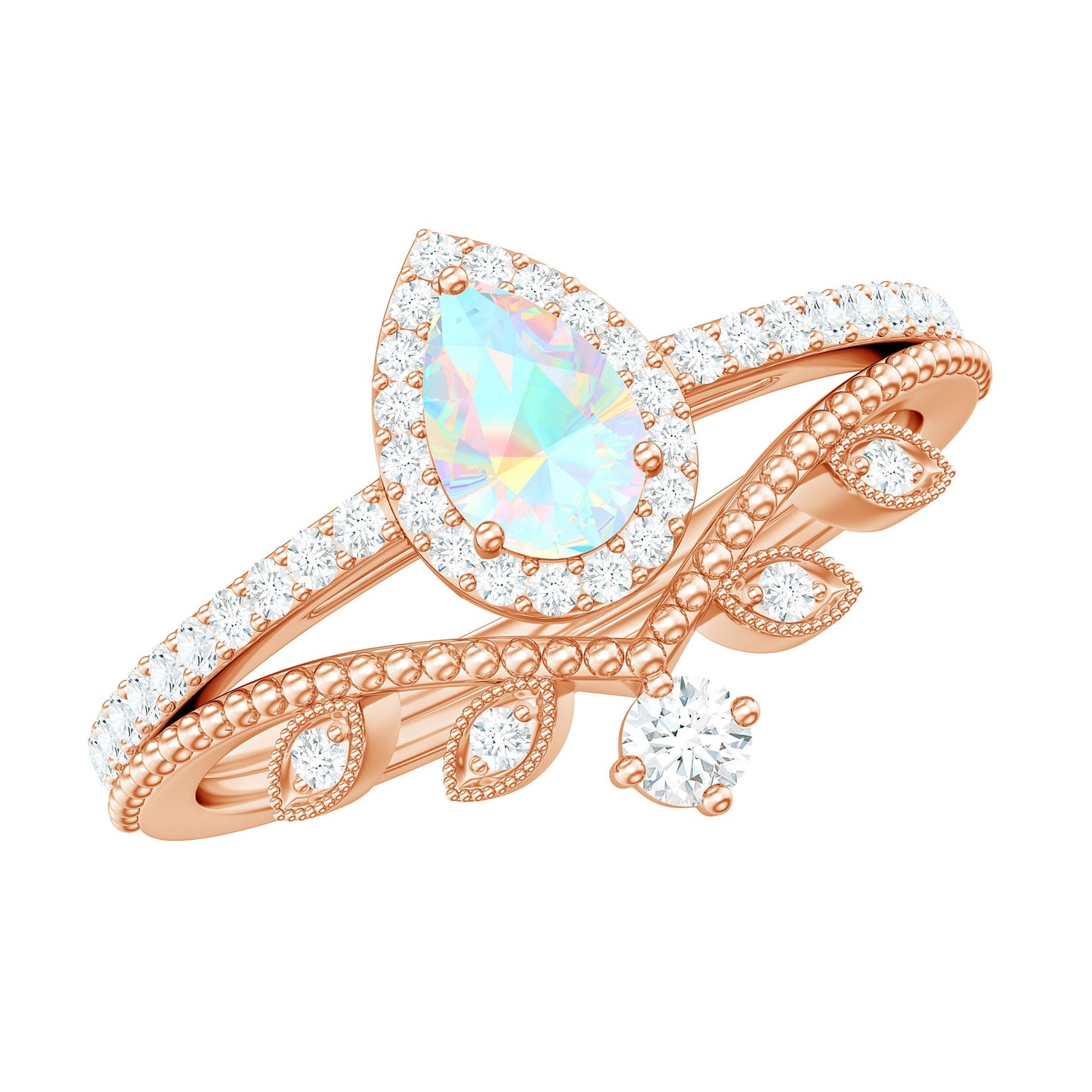 Vintage Inspired Ethiopian Opal Diamond Designer Bridal Ring Set