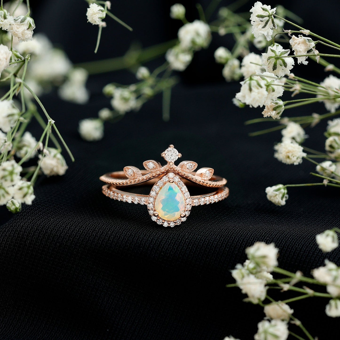 Vintage Inspired Ethiopian Opal Diamond Designer Bridal Ring Set