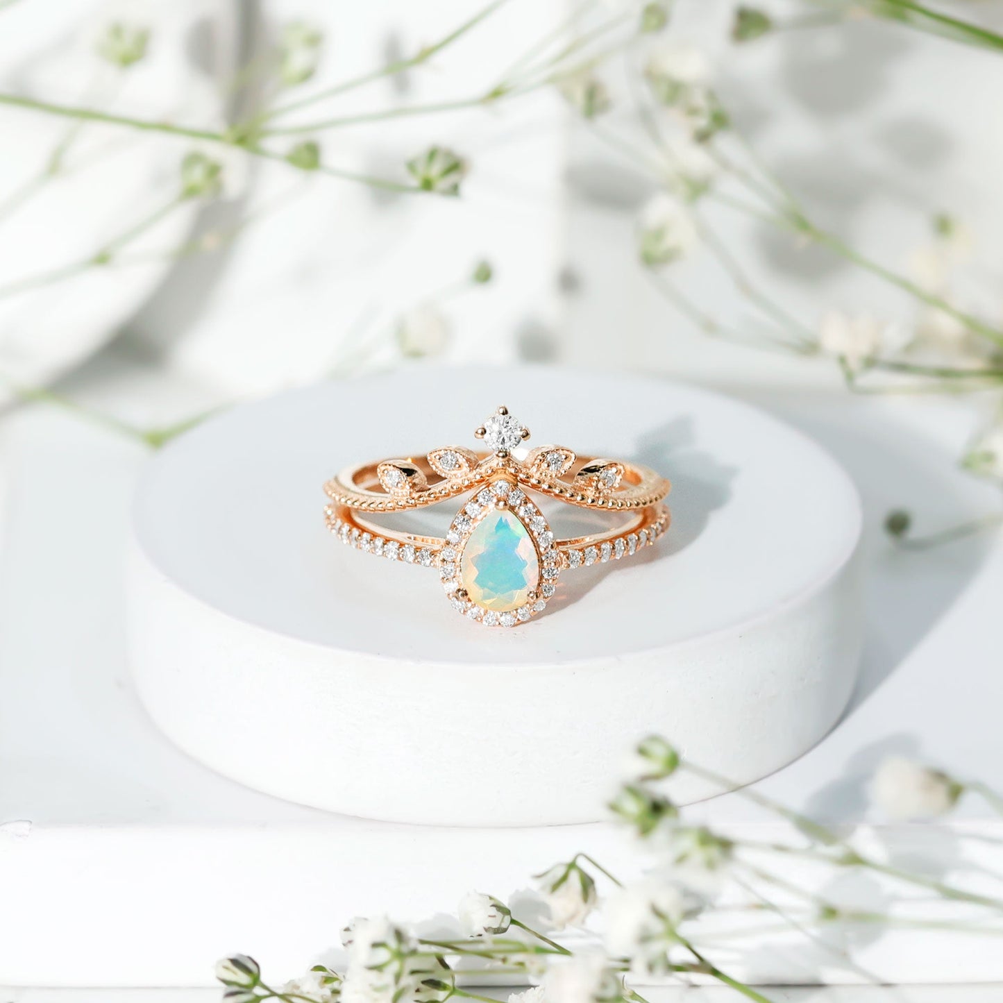 Vintage Inspired Ethiopian Opal Diamond Designer Bridal Ring Set