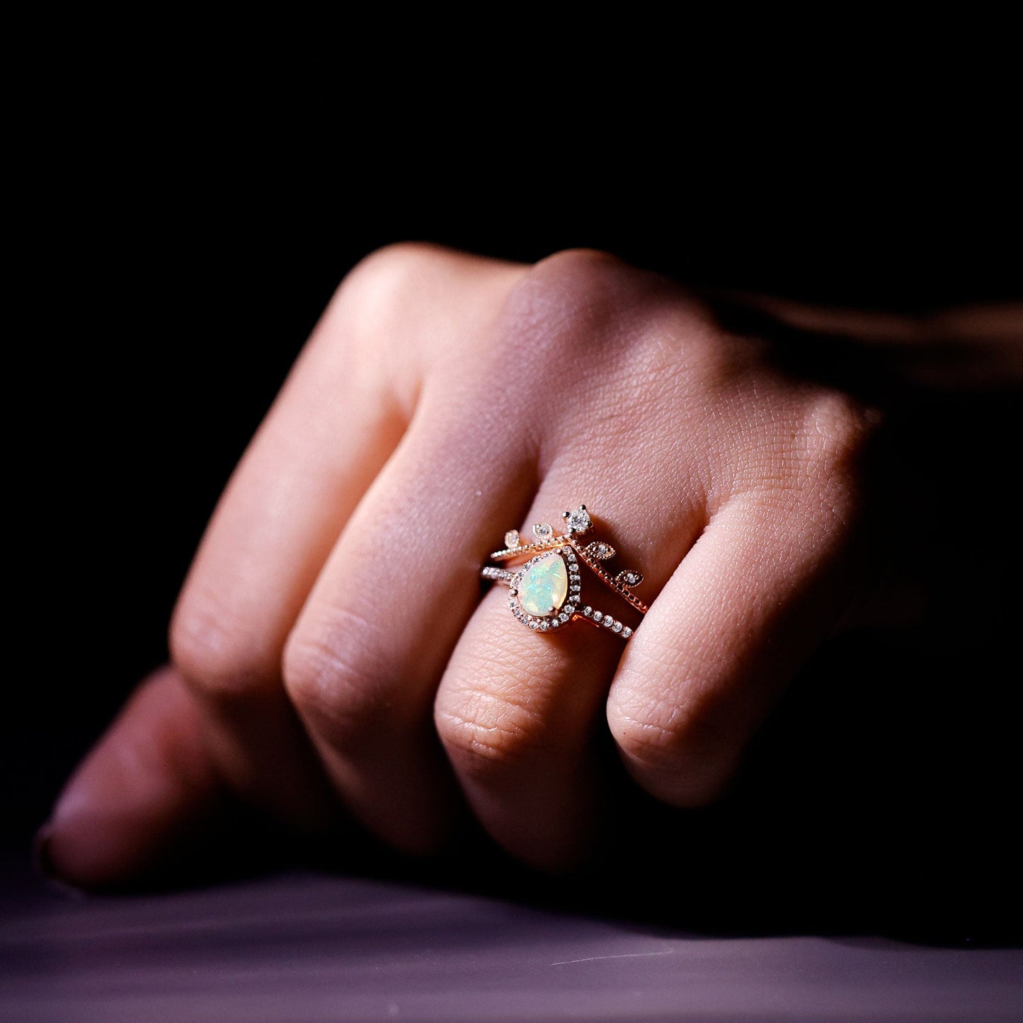 Vintage Inspired Ethiopian Opal Diamond Designer Bridal Ring Set