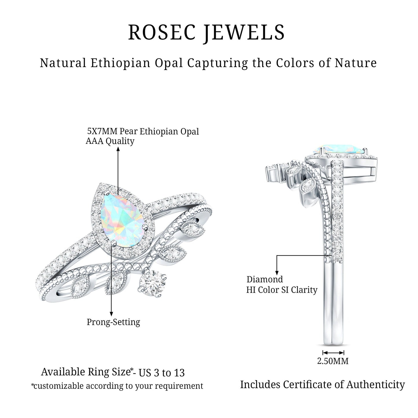 Vintage Inspired Ethiopian Opal Diamond Designer Bridal Ring Set