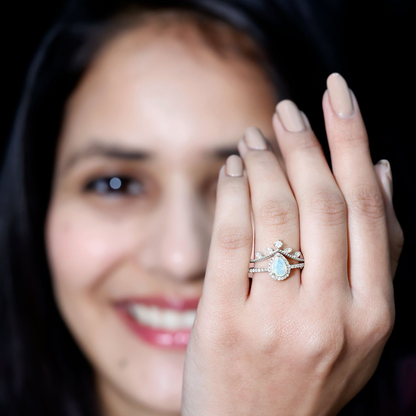 Vintage Inspired Ethiopian Opal Diamond Designer Bridal Ring Set