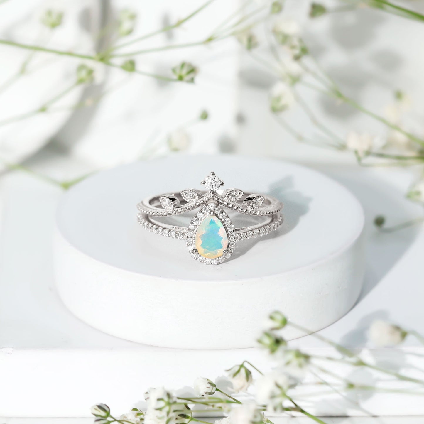 Vintage Inspired Ethiopian Opal Diamond Designer Bridal Ring Set