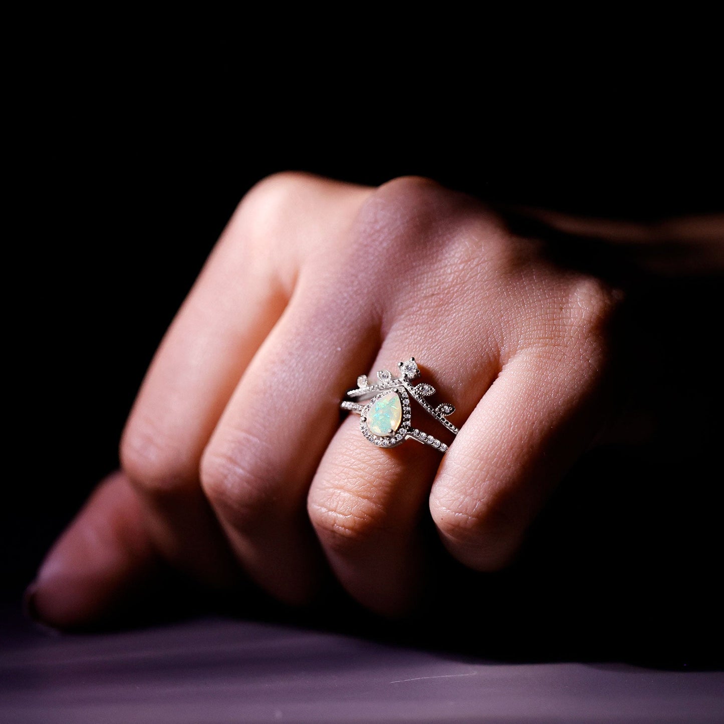 Vintage Inspired Ethiopian Opal Diamond Designer Bridal Ring Set