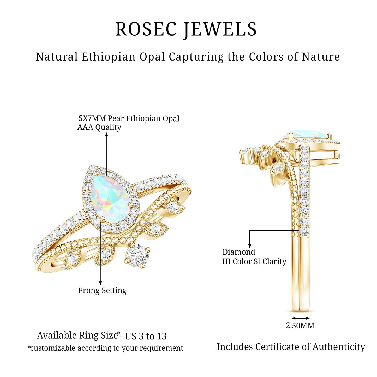 Vintage Inspired Ethiopian Opal Diamond Designer Bridal Ring Set