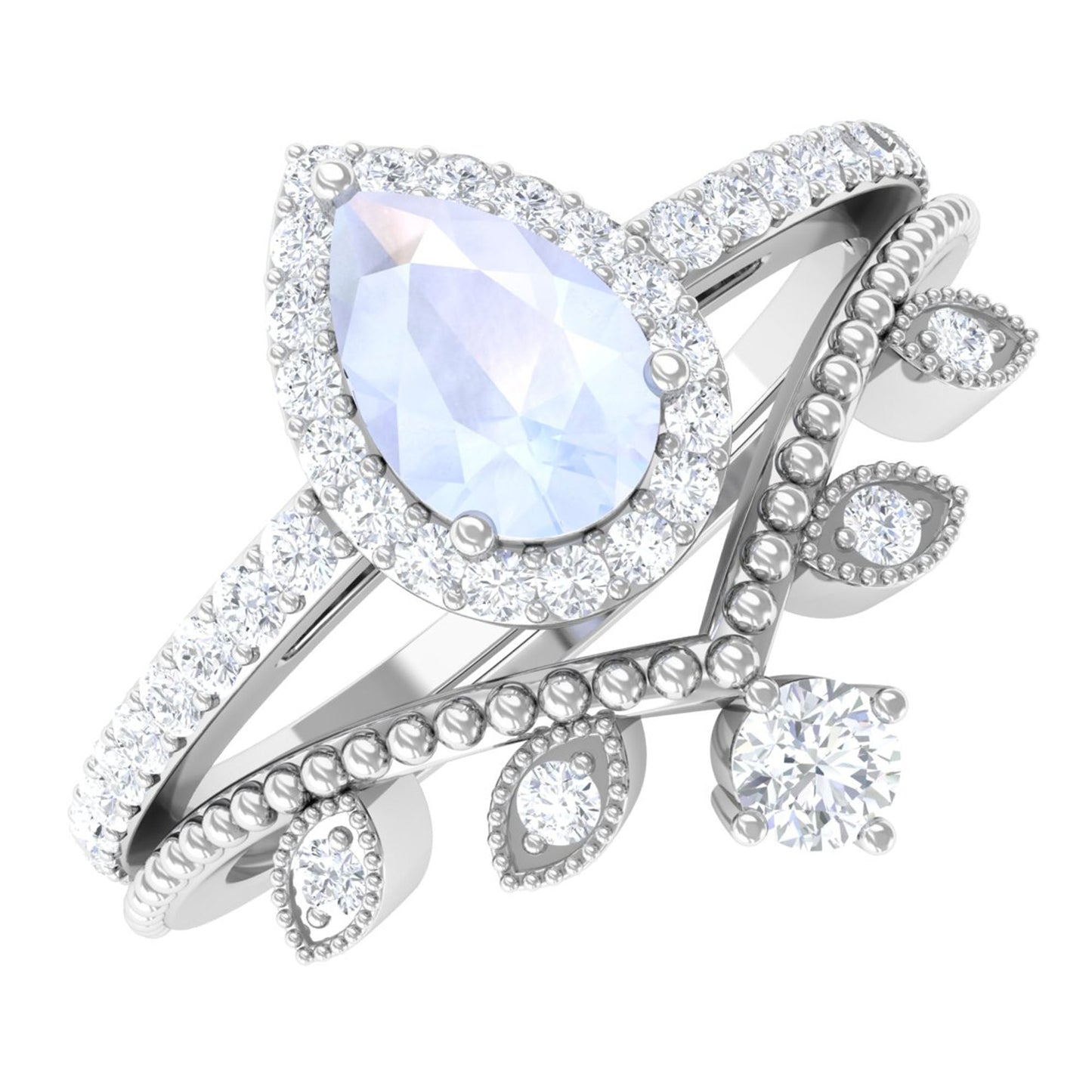 0.8 Carat Vintage Inspired Moonstone Teardrop Wedding Ring Set with Diamond