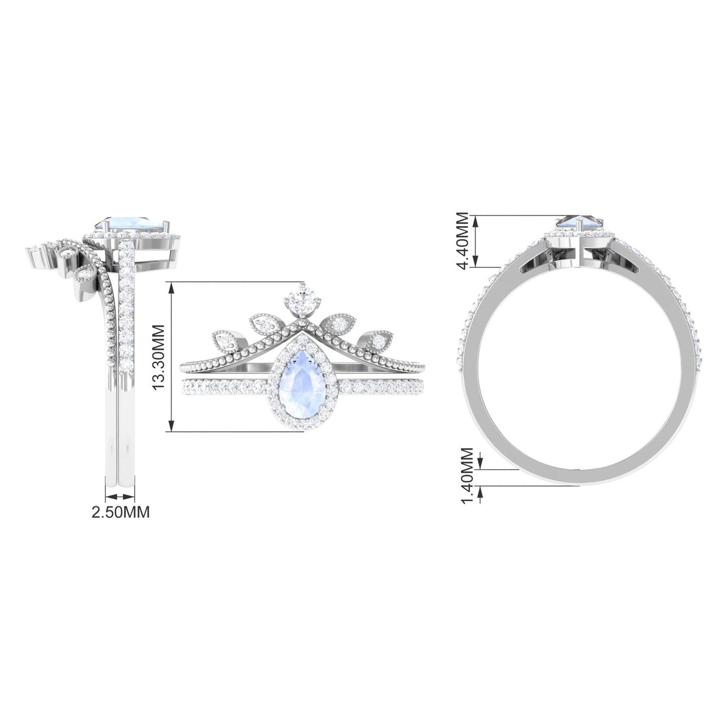 0.8 Carat Vintage Inspired Moonstone Teardrop Wedding Ring Set with Diamond
