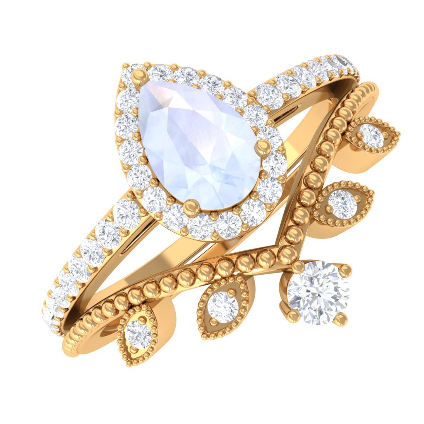 0.8 Carat Vintage Inspired Moonstone Teardrop Wedding Ring Set with Diamond