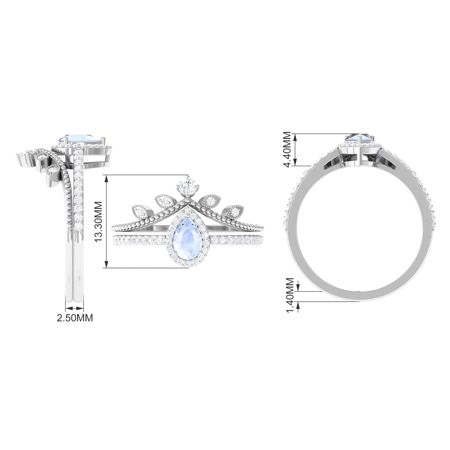 0.8 Carat Vintage Inspired Moonstone Teardrop Wedding Ring Set with Diamond