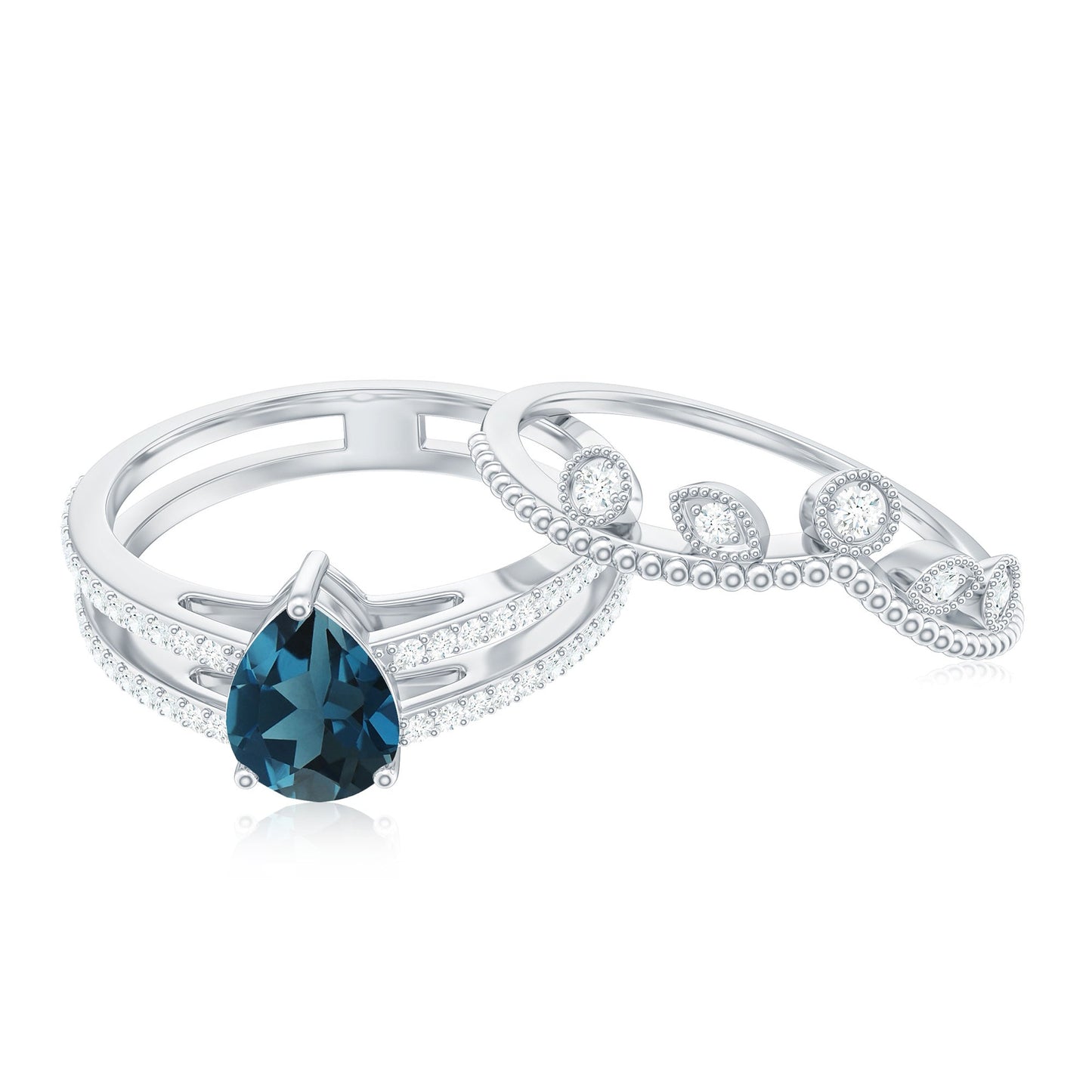 Pear London Blue Topaz Double Band Engagement Ring with Diamond Enhancer