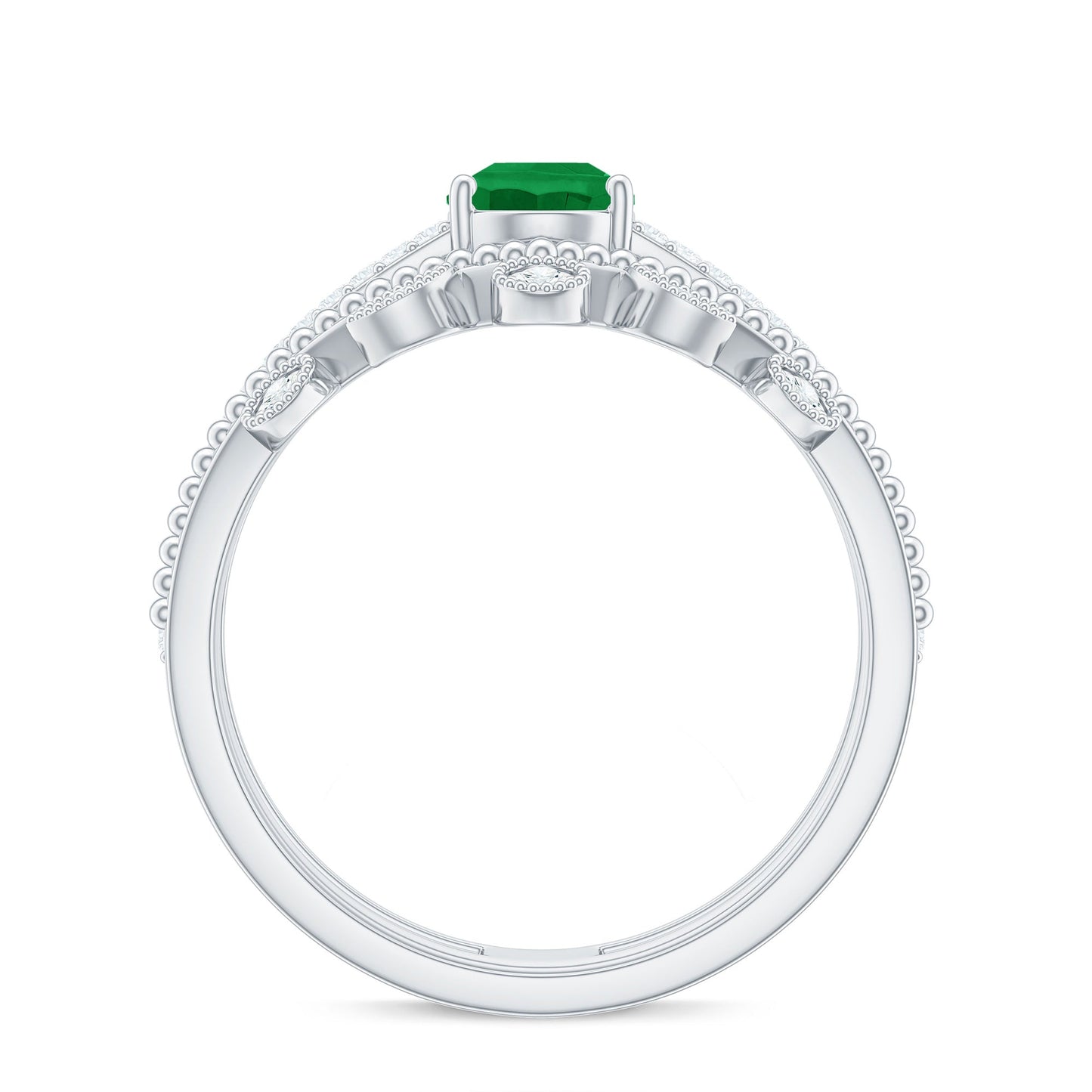 Vintage Style Emerald Diamond Wedding Bridal Ring Set