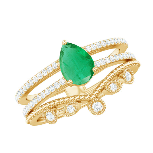 Vintage Style Emerald Diamond Wedding Bridal Ring Set