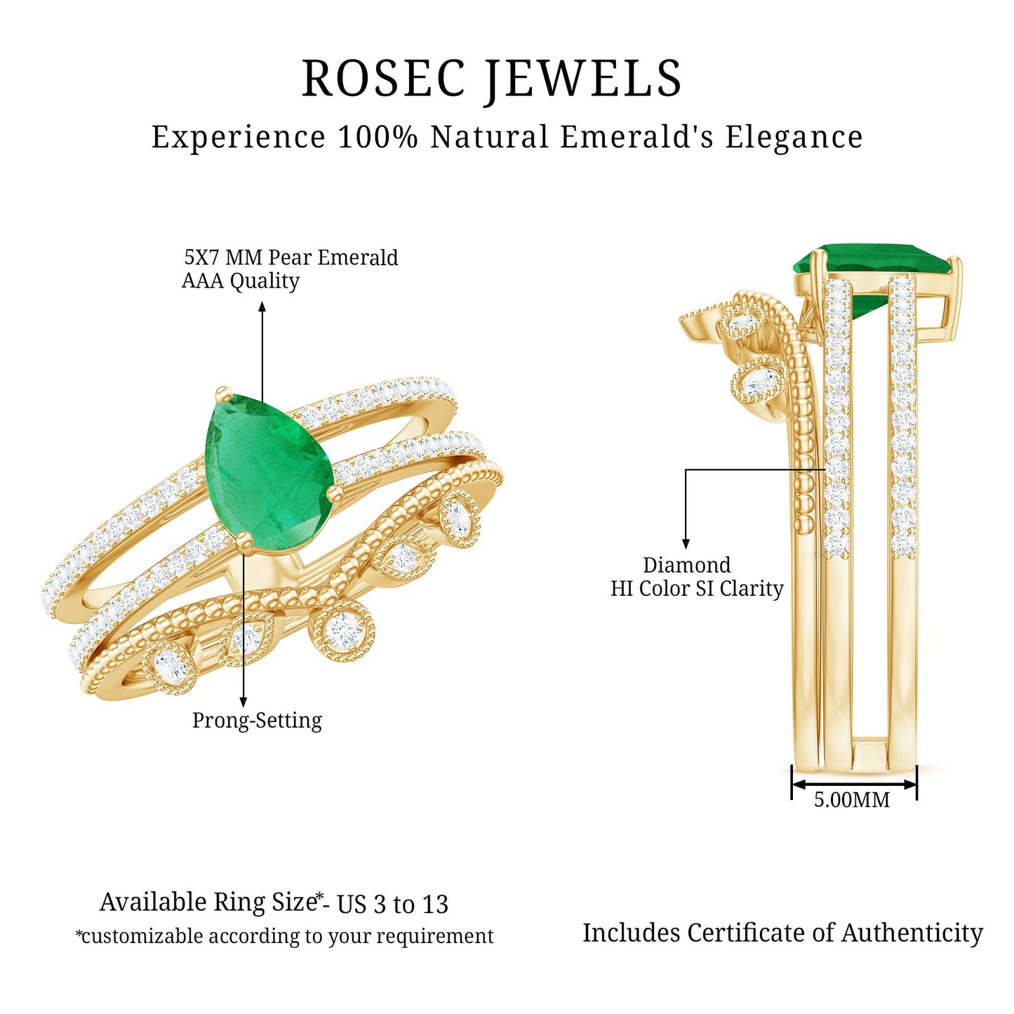 Vintage Style Emerald Diamond Wedding Bridal Ring Set