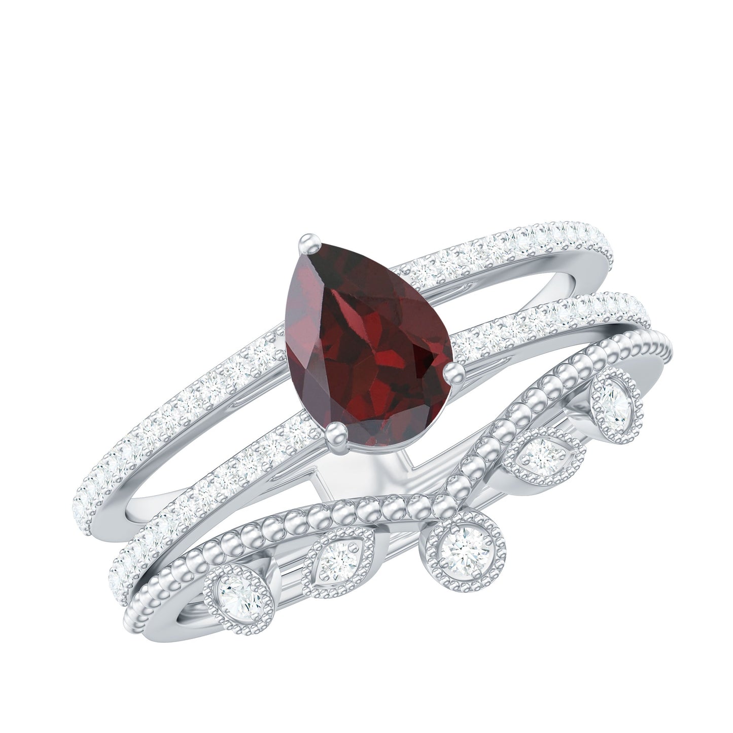 Natural Garnet Diamond Double Band Engagement Ring Wedding Band