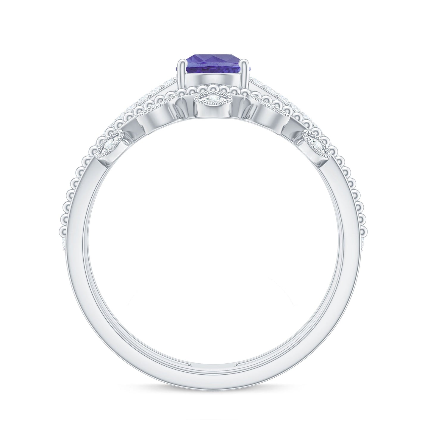 Real Tanzanite Diamond Double Band Engagement Ring with Curved Wedding Band