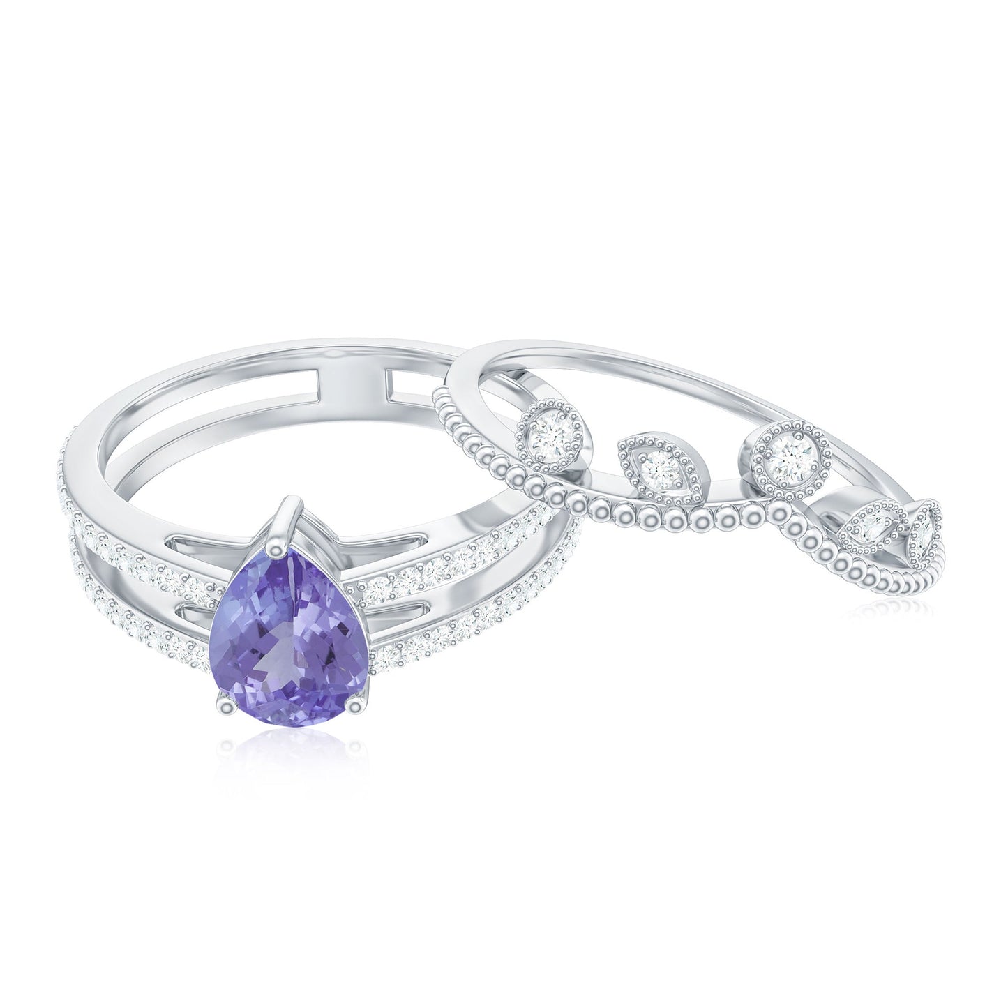 Real Tanzanite Diamond Double Band Engagement Ring with Curved Wedding Band