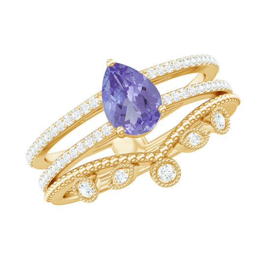 Real Tanzanite Diamond Double Band Engagement Ring with Curved Wedding Band