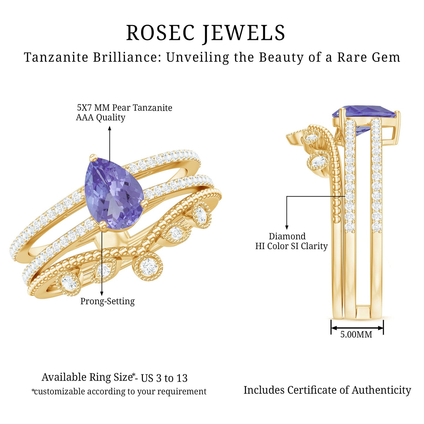 Real Tanzanite Diamond Double Band Engagement Ring with Curved Wedding Band