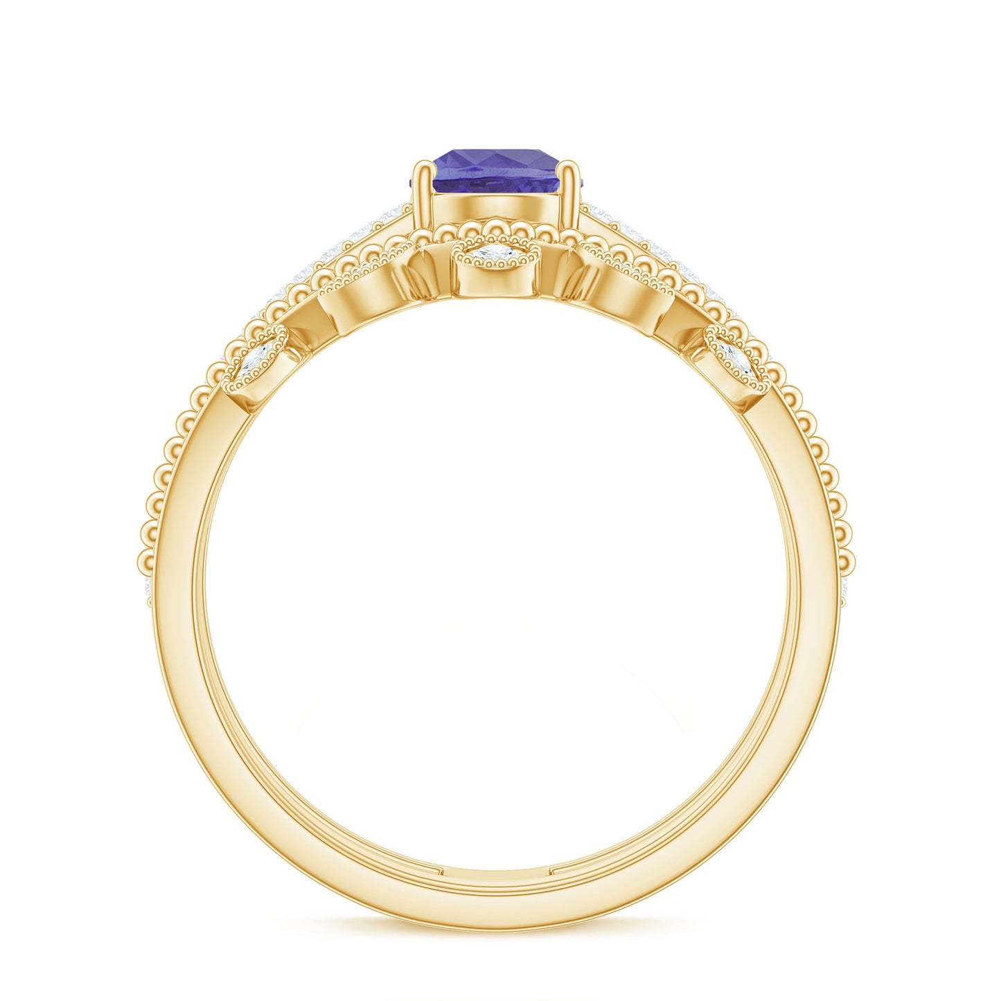 Real Tanzanite Diamond Double Band Engagement Ring with Curved Wedding Band