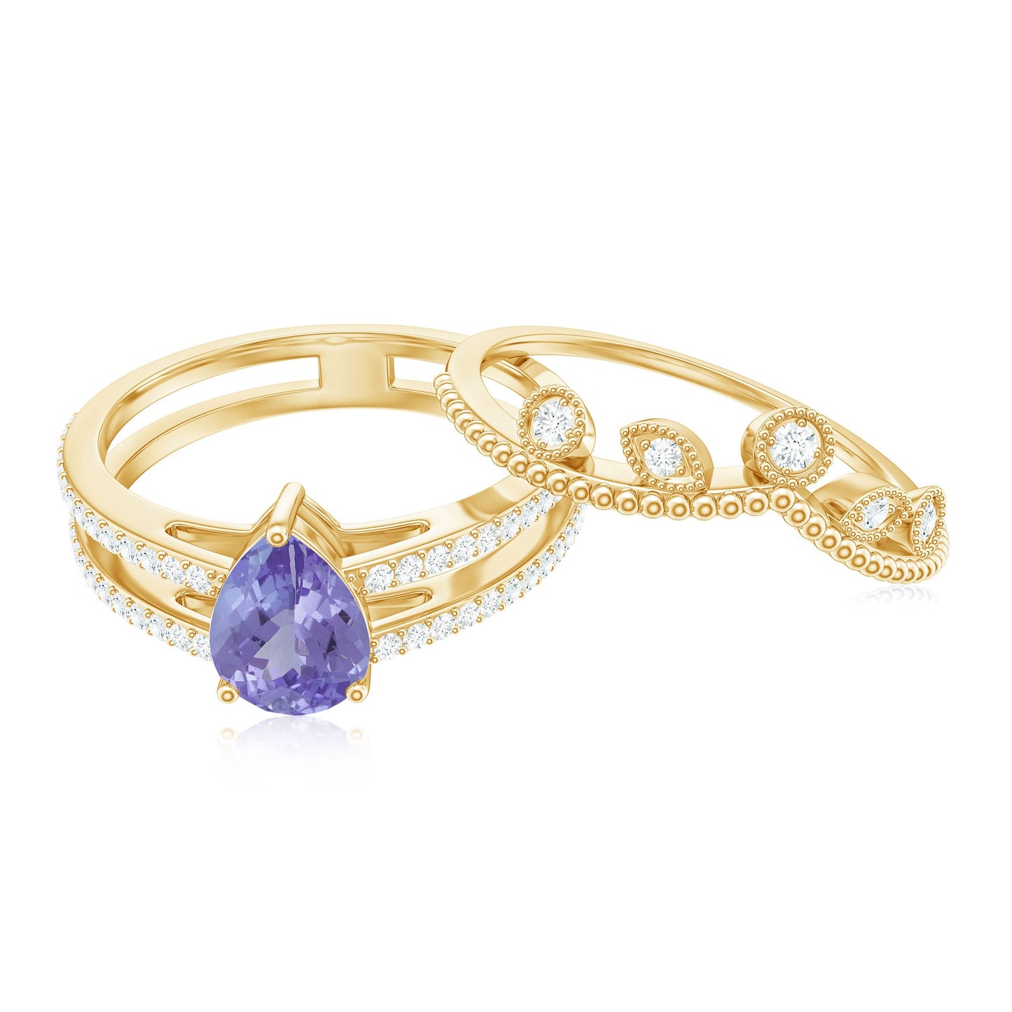 Real Tanzanite Diamond Double Band Engagement Ring with Curved Wedding Band