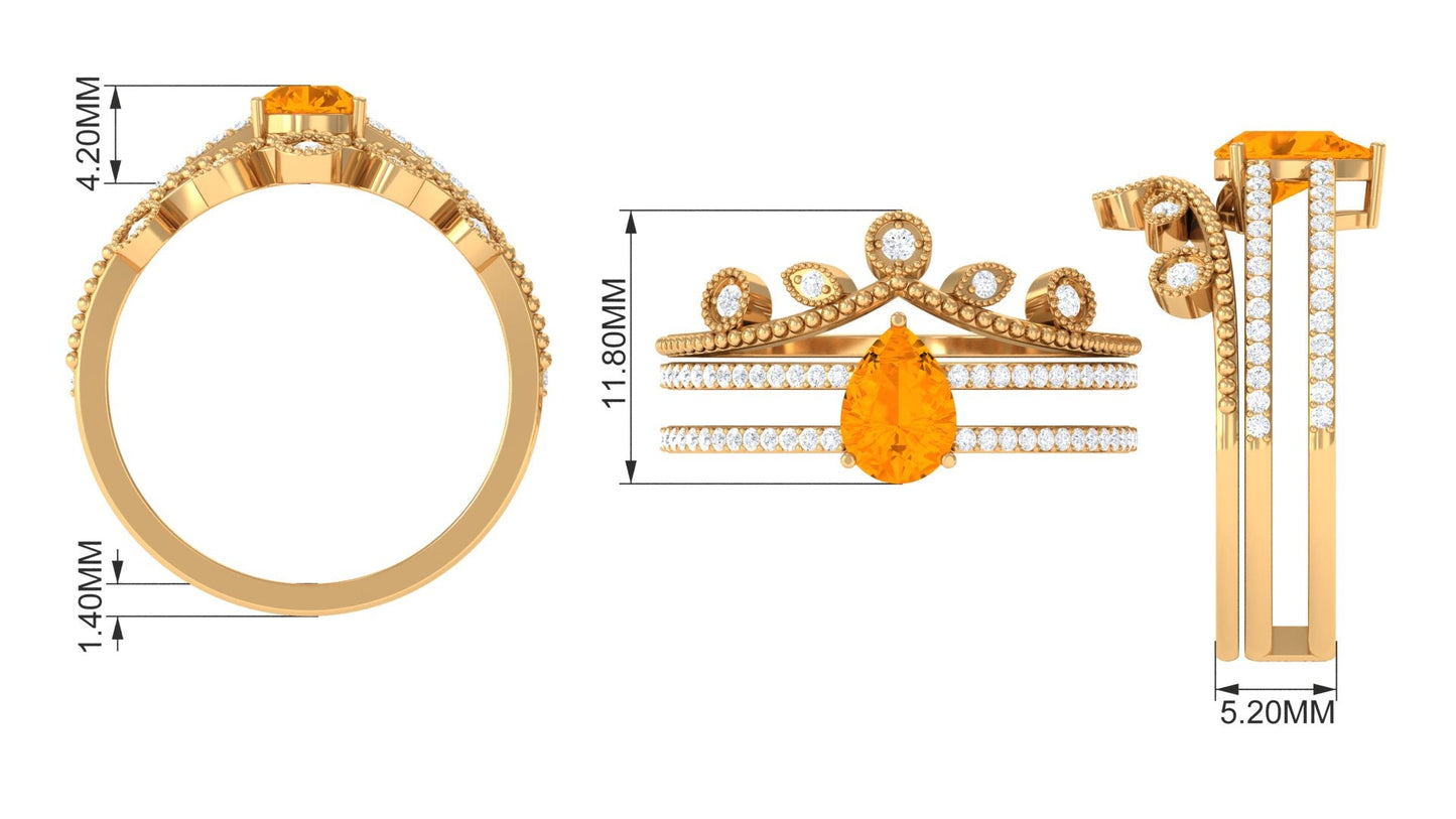 Pear Cut Fire Opal and Diamond Vintage Engagement Ring with Wedding Band Set