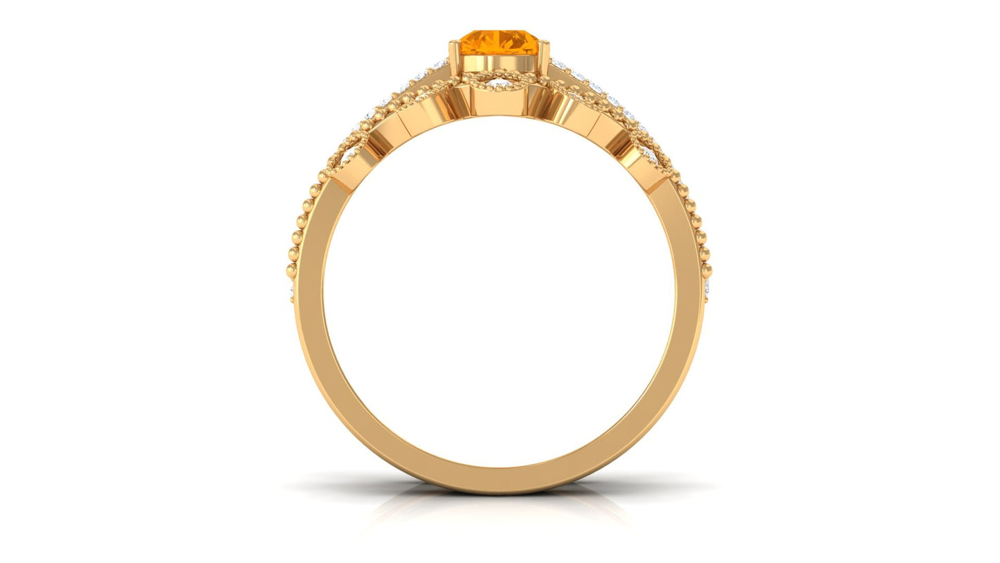 Pear Cut Fire Opal and Diamond Vintage Engagement Ring with Wedding Band Set